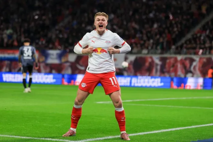 Der Leipziger Conrad Harder jubelt nach seinem Treffer zum 1:0. Es war sein erstes Pflichtspieltor im RB-Trikot.